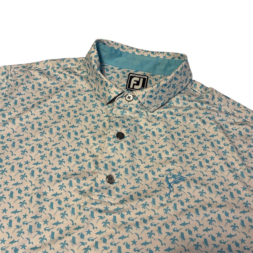 FootJoy Mens White Blue Polo Shirt Tropical Shark Palm Tree Athletic Fit Large